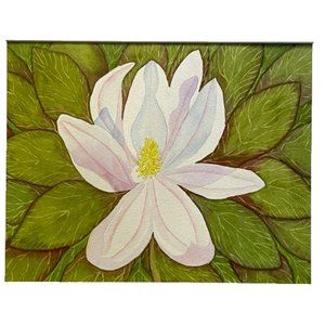 PAINTING WATERCOLOR FLOWER MAGNOLIA WHITE PINK LAVENDER 14X11 WHITE MAT 20X16